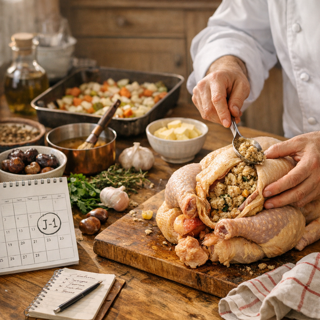 Planning J-1 / jour J et gestes bistrot pour un chapon moelleux
