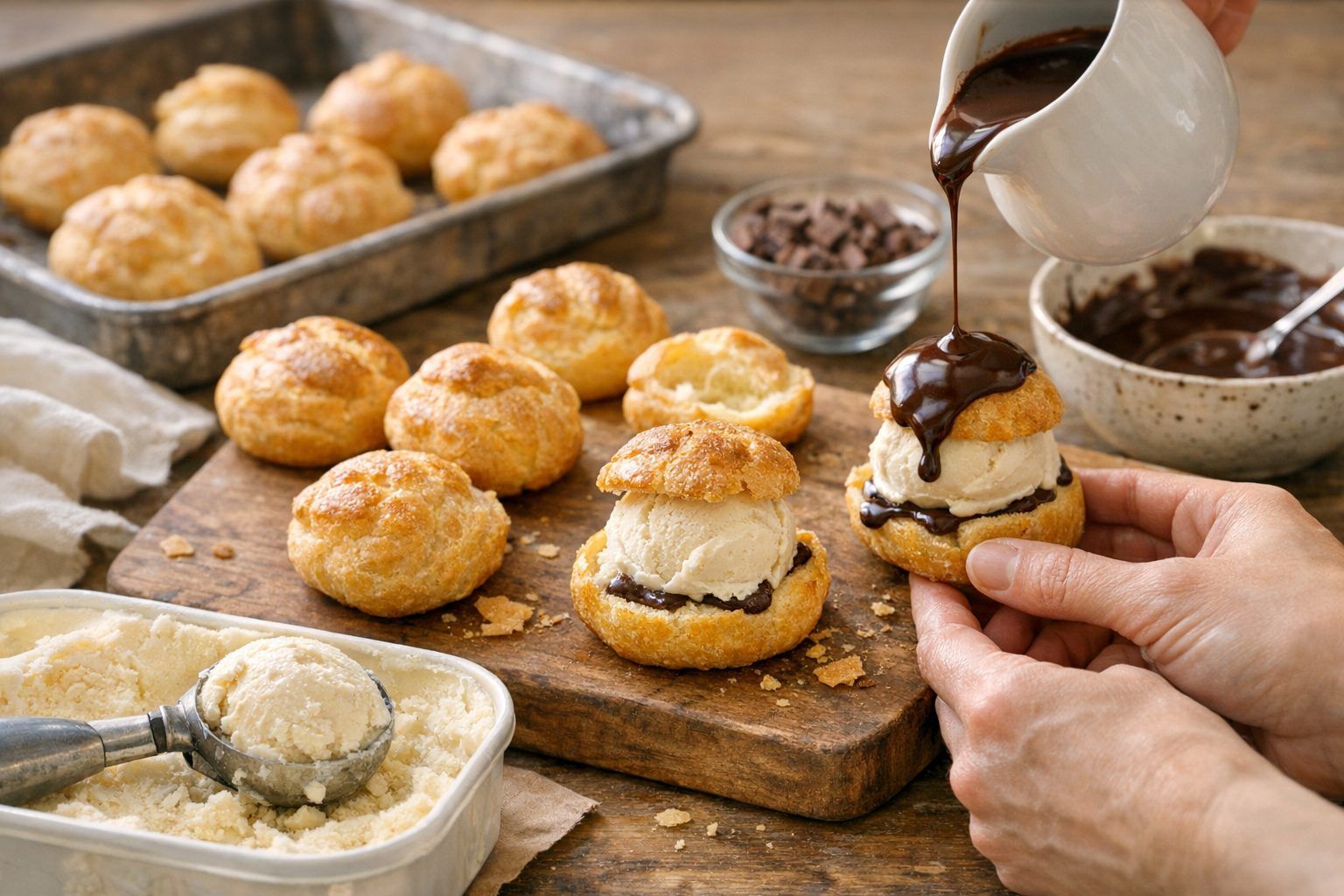 Pâte à choux, glace vanille et montage des profiteroles