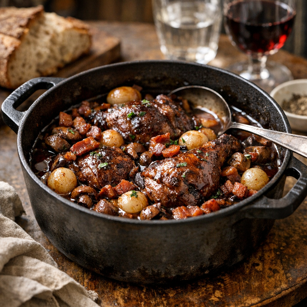 Le Coq au vin façon grand-mère se prépare en cocotte
