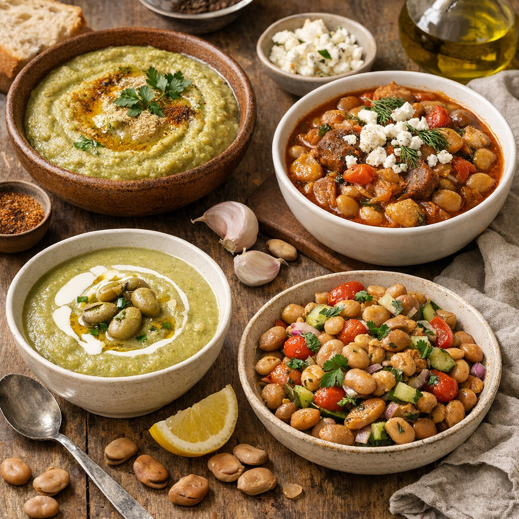 Variantes de recettes : bissara, velouté, ragoût grec et salade de fèves séchées