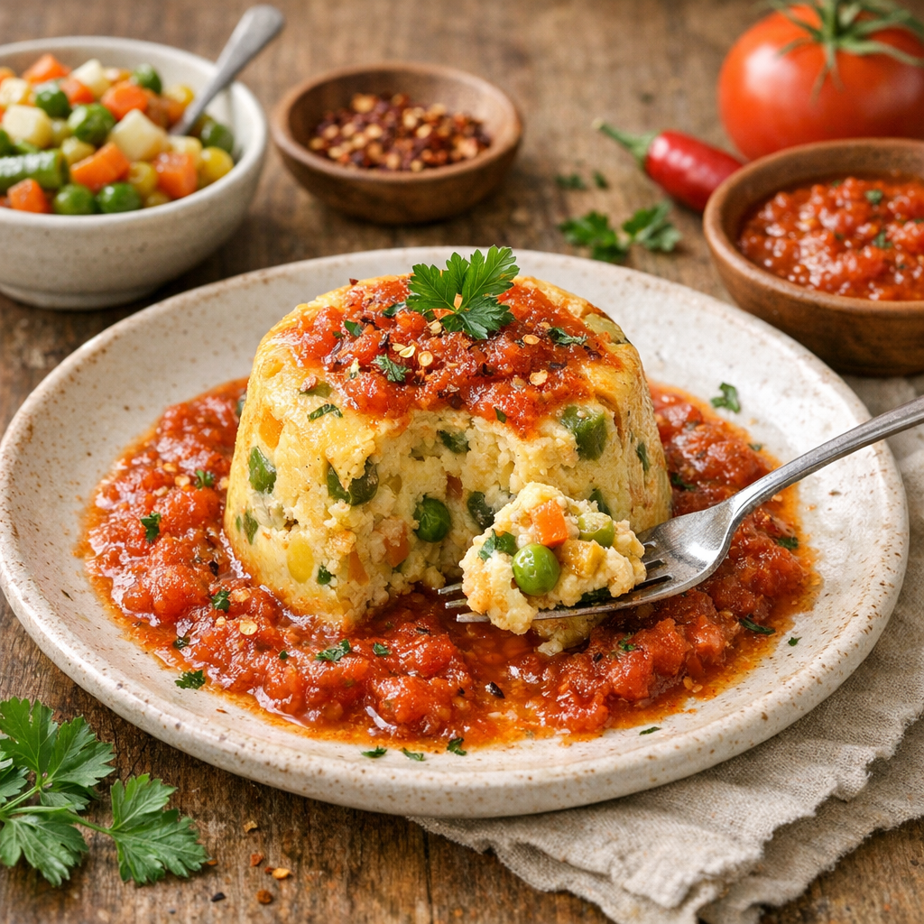 Variante chaude : flan de macédoine et coulis de tomates épicé
