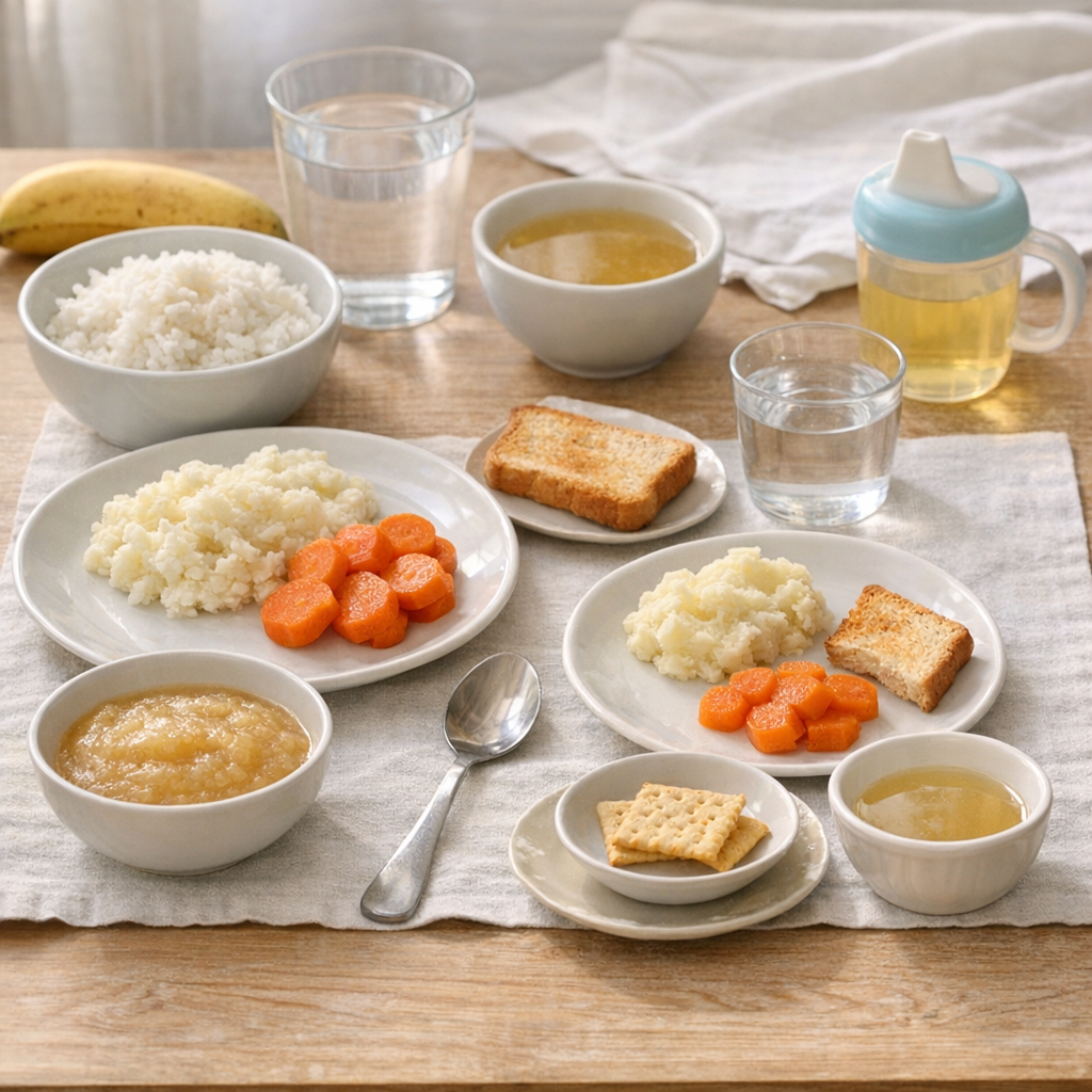 Recommencer à manger après une gastro : menu 24-48 h avec quantités adulte/enfant
