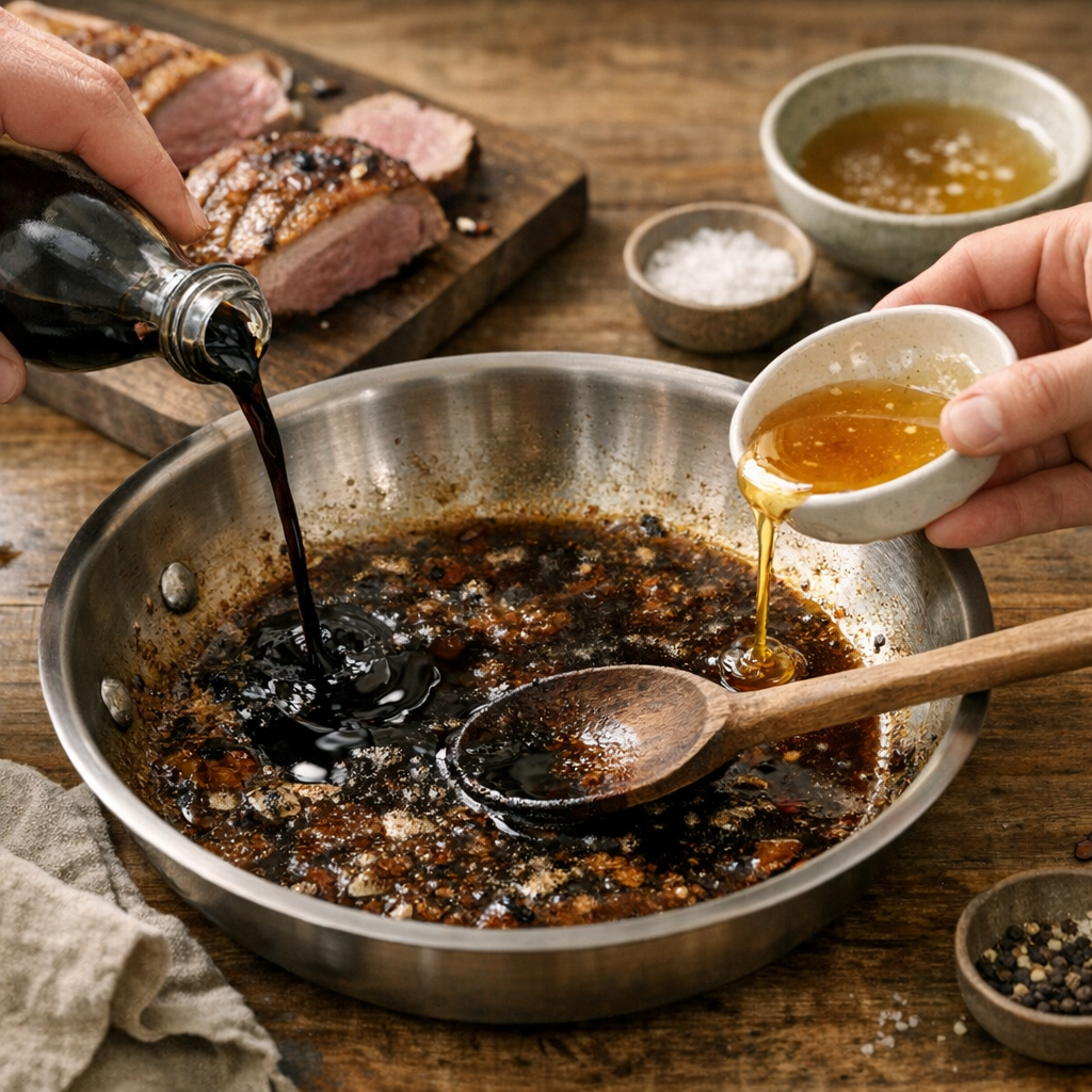 Préparer la sauce au miel, vinaigre balsamique et jus de cuisson