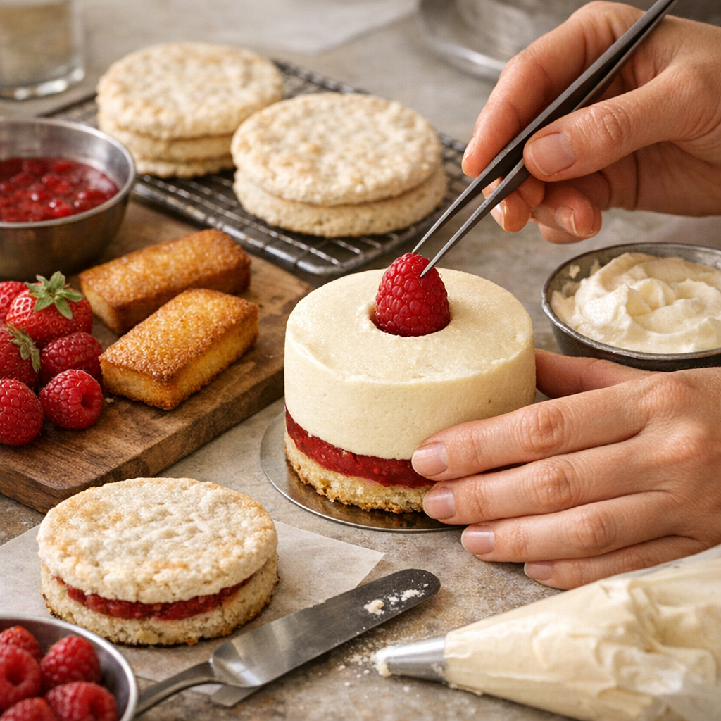 Montage gourmand : insert framboise ou fraise, financier, dacquoise et finitions