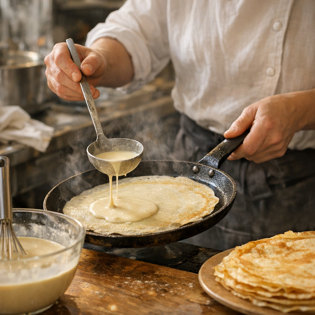 Cuisson en grandes crêpes fines : poêle, louche et gestes de bistrot
