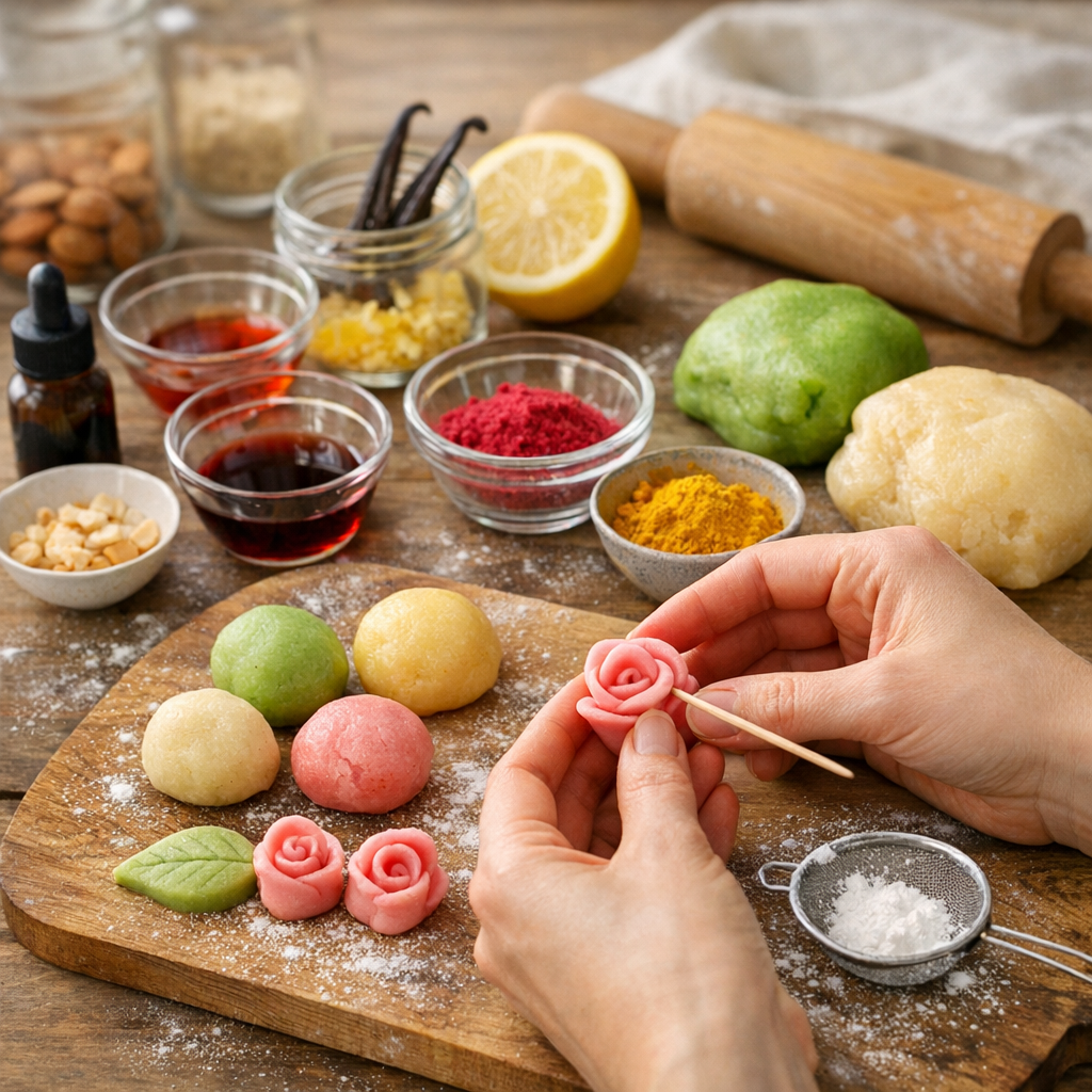 Aromatiser, colorer et façonner la pâte d’amande sans l’alourdir