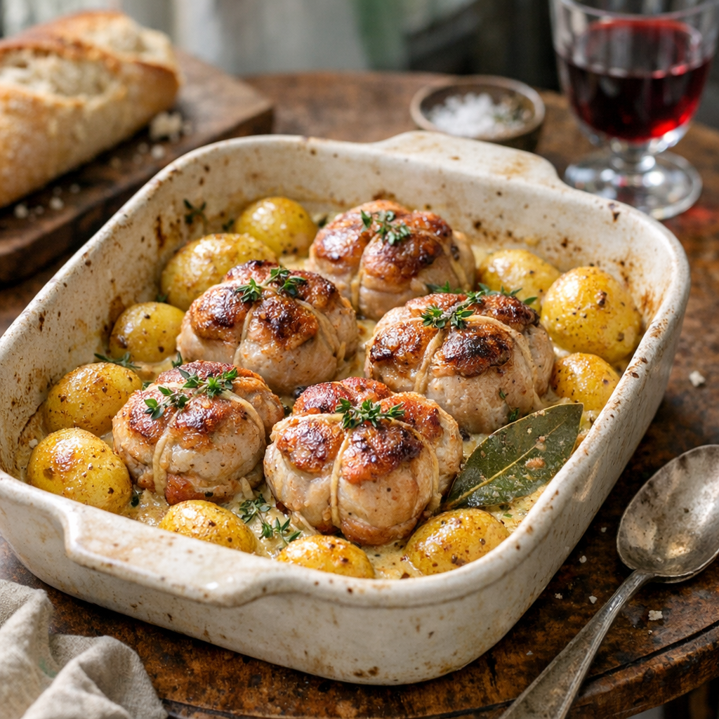 Les Paupiettes de Porc au four se cuisinent avec des Pommes de Terre