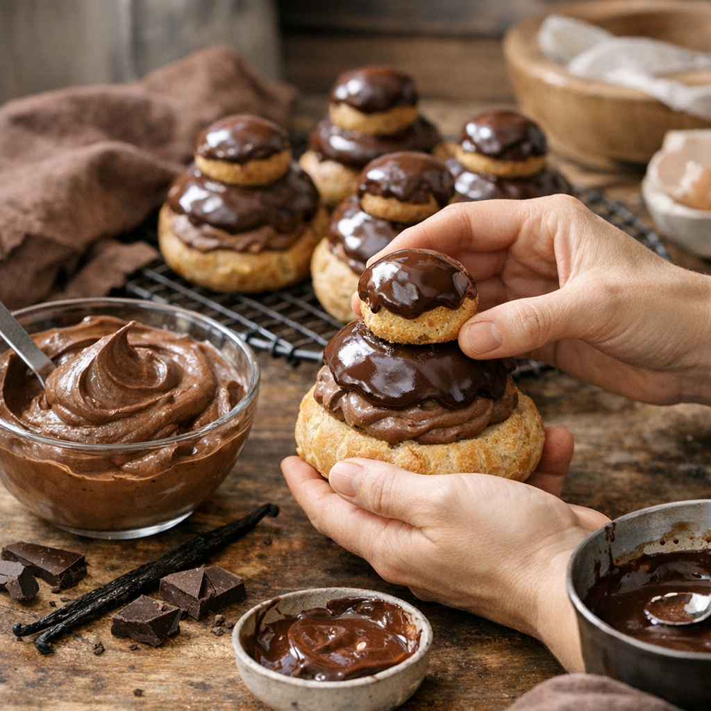 Crème pâtissière au chocolat, glaçage et montage qui tient