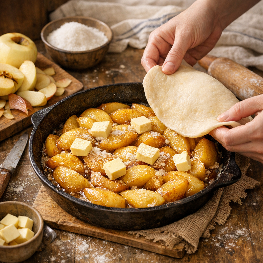La recette d’origine : pommes, beurre, sucre et pâte au-dessus